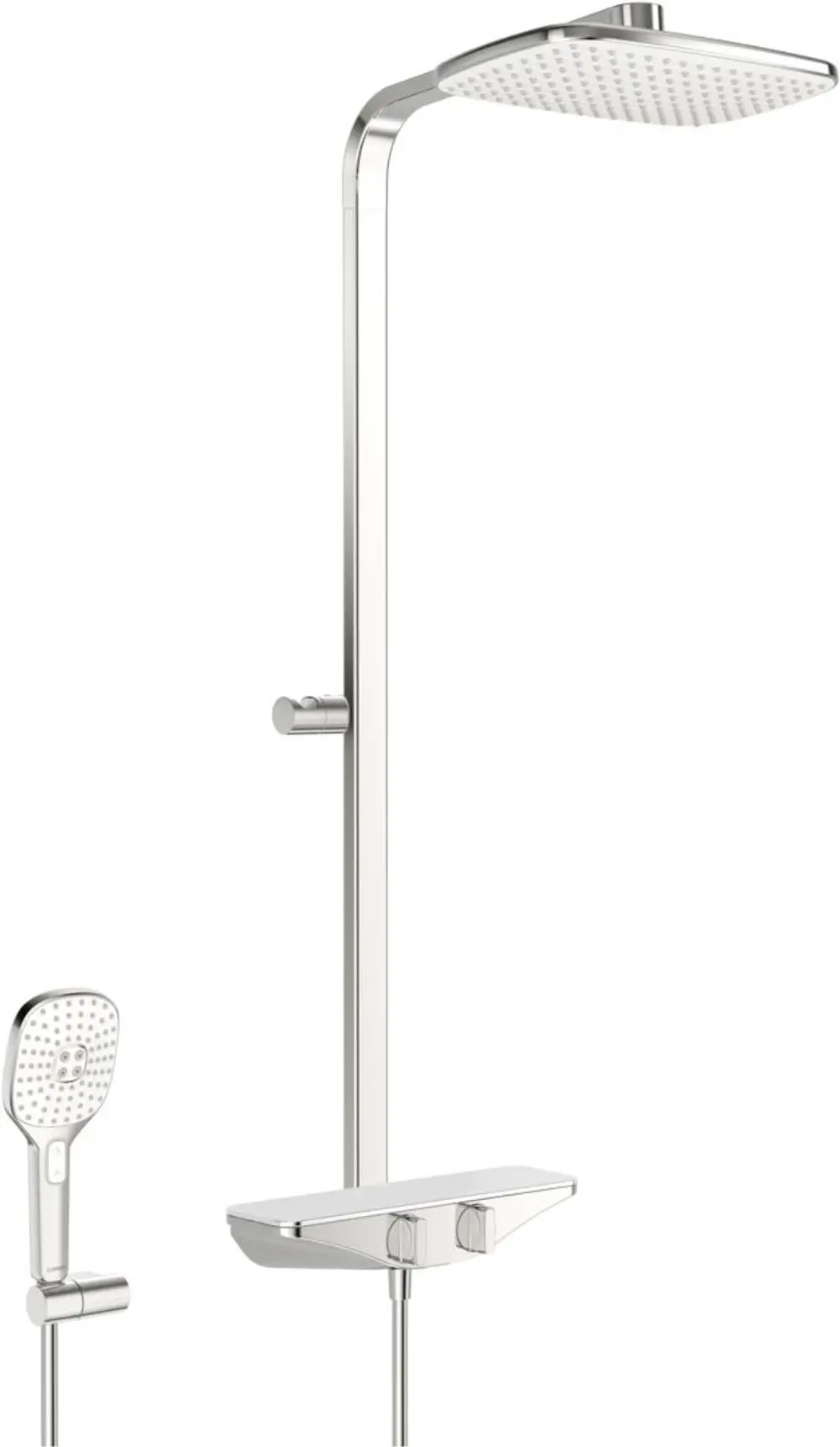 Duscharmatur in silberner Chrom-Optik von HANSA mit großer Kopfbrause und Handbrause, montiert an der Wand. Wall-mounted shower system, featuring a large overhead and handheld showerhead.